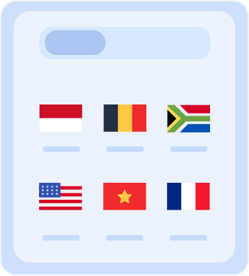 Country selection screen displaying flags of multiple countries, including Australia, Belgium, South Africa, the United States, Vietnam, and France, for choosing server locations or language preferences.