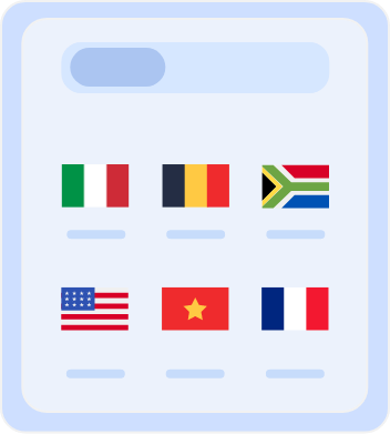 Country selection screen displaying flags of multiple countries, including Australia, Belgium, South Africa, the United States, Vietnam, and France, for choosing server locations or language preferences.