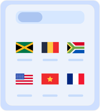 Country selection screen displaying flags of multiple countries, including Australia, Belgium, South Africa, the United States, Vietnam, and France, for choosing server locations or language preferences.