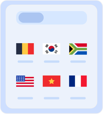 Country selection screen displaying flags of multiple countries, including Australia, Belgium, South Africa, the United States, Vietnam, and France, for choosing server locations or language preferences.