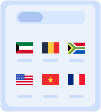 Country selection screen displaying flags of multiple countries, including Australia, Belgium, South Africa, the United States, Vietnam, and France, for choosing server locations or language preferences.