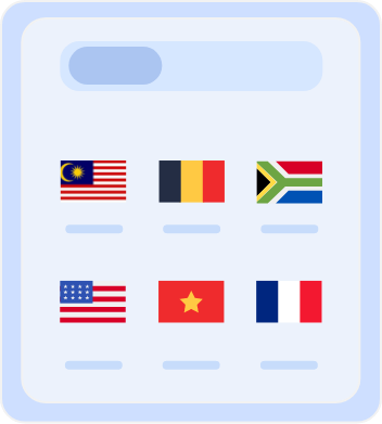 Country selection screen displaying flags of multiple countries, including Australia, Belgium, South Africa, the United States, Vietnam, and France, for choosing server locations or language preferences.