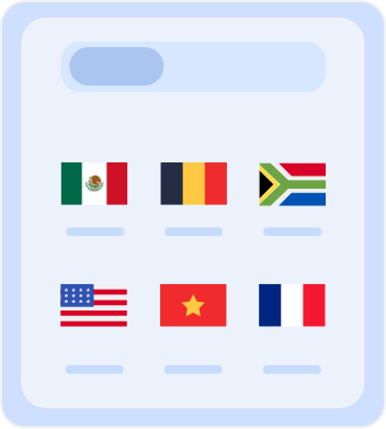Country Selection Screen with Flags Country selection screen displaying flags of multiple countries, including Australia, Belgium, South Africa, the United States, Vietnam, and France, for choosing server locations or language preferences.