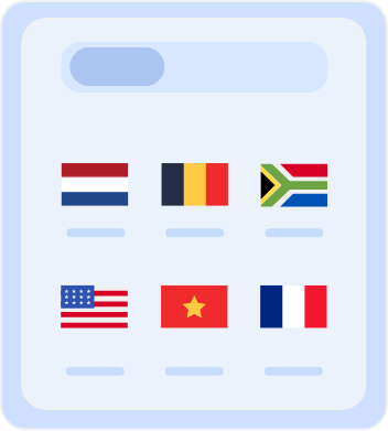 Country selection screen displaying flags of multiple countries, including Australia, Belgium, South Africa, the United States, Vietnam, and France, for choosing server locations or language preferences.