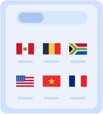Country Selection Screen with Flags Country selection screen displaying flags of multiple countries, including Australia, Belgium, South Africa, the United States, Vietnam, and France, for choosing server locations or language preferences.
