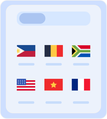 Country Selection Screen with Flags Country selection screen displaying flags of multiple countries, including Australia, Belgium, South Africa, the United States, Vietnam, and France, for choosing server locations or language preferences.