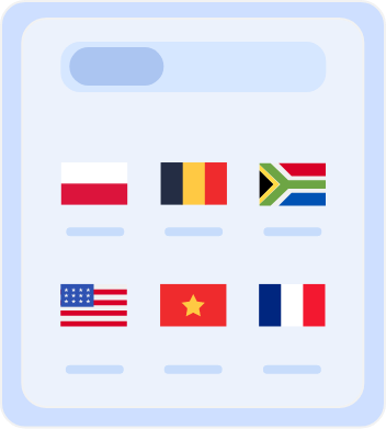 Country selection screen displaying flags of multiple countries, including Australia, Belgium, South Africa, the United States, Vietnam, and France, for choosing server locations or language preferences.