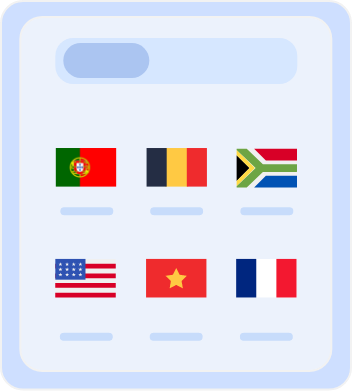 Country selection screen displaying flags of multiple countries, including Australia, Belgium, South Africa, the United States, Vietnam, and France, for choosing server locations or language preferences.