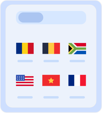 Country Selection Screen with Flags Country selection screen displaying flags of multiple countries, including Australia, Belgium, South Africa, the United States, Vietnam, and France, for choosing server locations or language preferences.