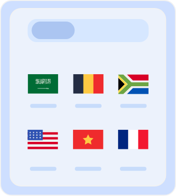 Country selection screen displaying flags of multiple countries, including Australia, Belgium, South Africa, the United States, Vietnam, and France, for choosing server locations or language preferences.