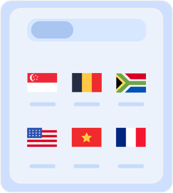 Country Selection Screen with Flags Country selection screen displaying flags of multiple countries, including Australia, Belgium, South Africa, the United States, Vietnam, and France, for choosing server locations or language preferences.