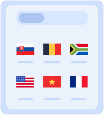 Country selection screen displaying flags of multiple countries, including Australia, Belgium, South Africa, the United States, Vietnam, and France, for choosing server locations or language preferences.