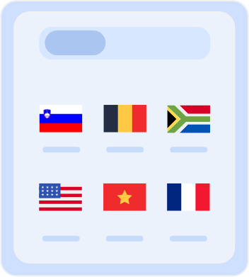 Country selection screen displaying flags of multiple countries, including Australia, Belgium, South Africa, the United States, Vietnam, and France, for choosing server locations or language preferences.