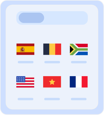 Country selection screen displaying flags of multiple countries, including Australia, Belgium, South Africa, the United States, Vietnam, and France, for choosing server locations or language preferences.