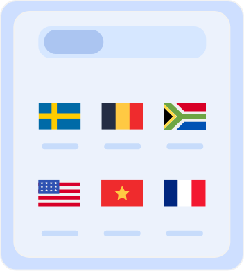 Country selection screen displaying flags of multiple countries, including Australia, Belgium, South Africa, the United States, Vietnam, and France, for choosing server locations or language preferences.