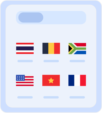 Country Selection Screen with Flags Country selection screen displaying flags of multiple countries, including Australia, Belgium, South Africa, the United States, Vietnam, and France, for choosing server locations or language preferences.