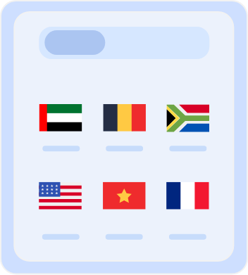 Country selection screen displaying flags of multiple countries, including Australia, Belgium, South Africa, the United States, Vietnam, and France, for choosing server locations or language preferences.