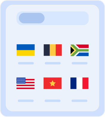 Country selection screen displaying flags of multiple countries, including Australia, Belgium, South Africa, the United States, Vietnam, and France, for choosing server locations or language preferences.