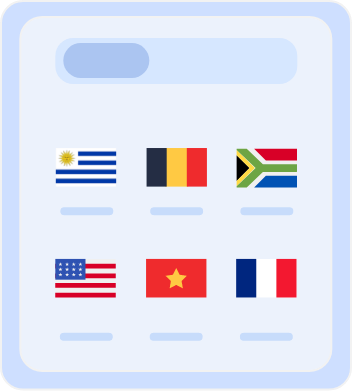 Country Selection Screen with Flags Country selection screen displaying flags of multiple countries, including Australia, Belgium, South Africa, the United States, Vietnam, and France, for choosing server locations or language preferences.