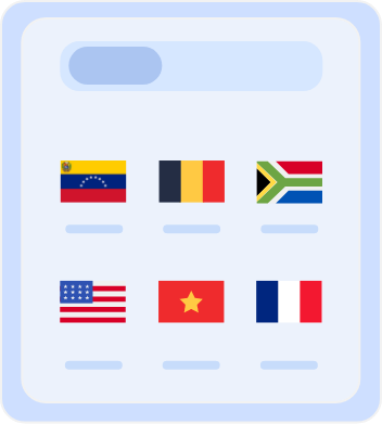 Country selection screen displaying flags of multiple countries, including Australia, Belgium, South Africa, the United States, Vietnam, and France, for choosing server locations or language preferences.