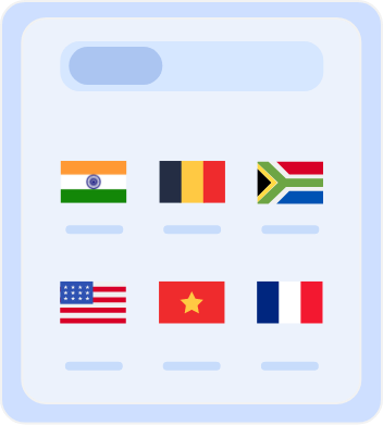Country selection screen displaying flags of multiple countries, including Australia, Belgium, South Africa, the United States, Vietnam, and France, for choosing server locations or language preferences.