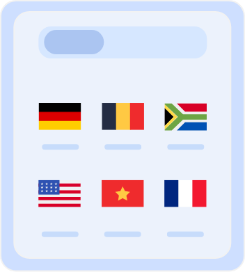 Country Selection Screen with Flags Country selection screen displaying flags of multiple countries, including Australia, Belgium, South Africa, the United States, Vietnam, and France, for choosing server locations or language preferences.