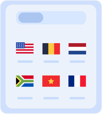Country selection screen displaying flags of multiple countries, including Australia, Belgium, South Africa, the United States, Vietnam, and France, for choosing server locations or language preferences.