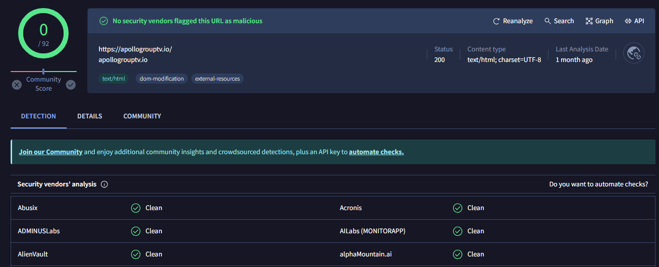 Apollo Group TV virus check