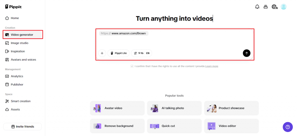 Step 1 of Pippit Video Generation