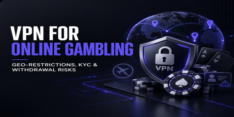 VPN for online gambling illustration showing geo-restrictions, KYC checks and withdrawal risks