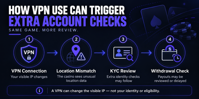 VPN online gambling flow showing location mismatch, KYC verification and withdrawal review