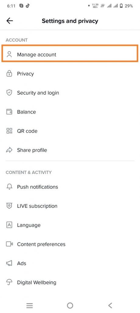Click on Manage account Tiktok