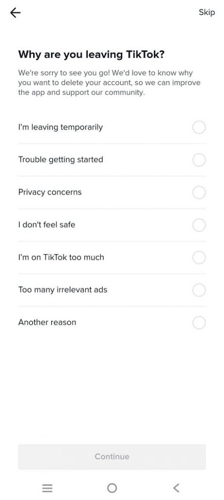 Select reason for leaving Tiktok