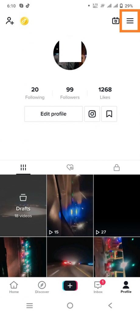 click tiktok hamburger icon