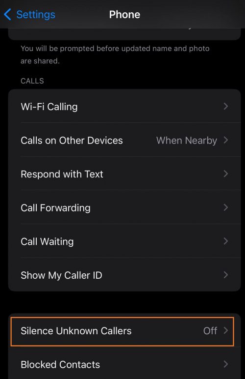 Silence Unknown Callers iPhone