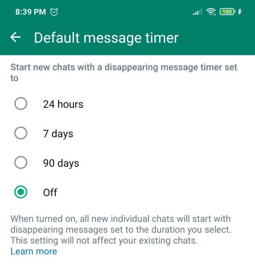 disappearing messages on WhatsApp timer