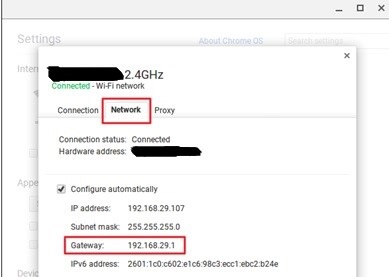 Find Router IP in Chrome OS Screenshot of chromeos page showing ip address