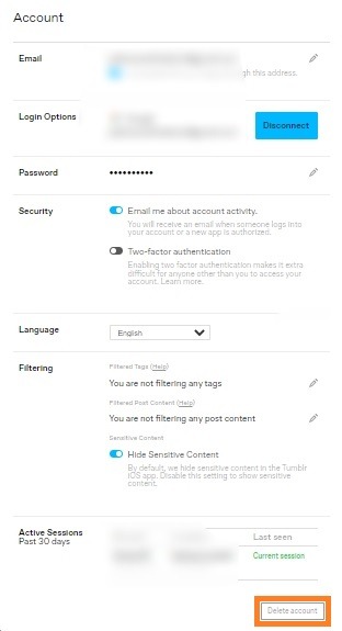 Click on delete account Tumblr
