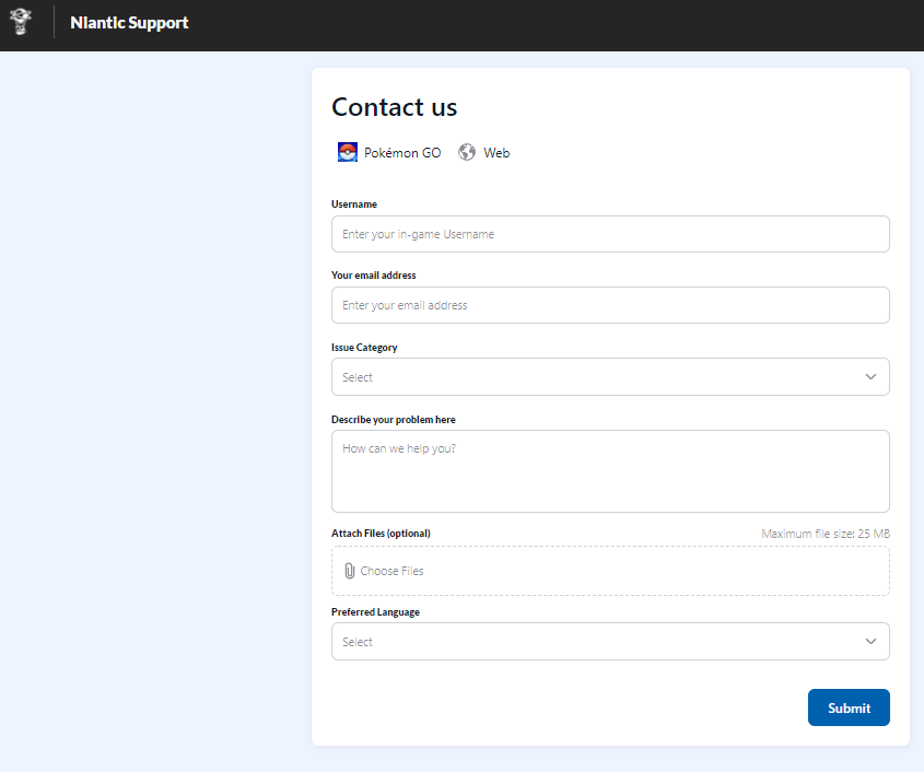Niantic support page