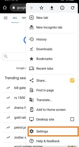 click on Settings on Android Chrome click on Settings on Android Chrome