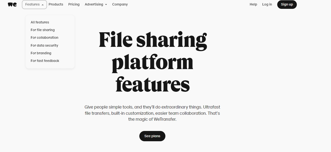 Página de recursos WeTransfer