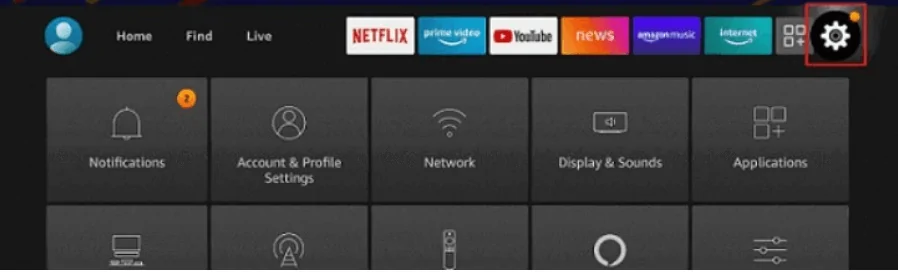 Firestickのホーム画面と設定アイコンが強調表示されます。
