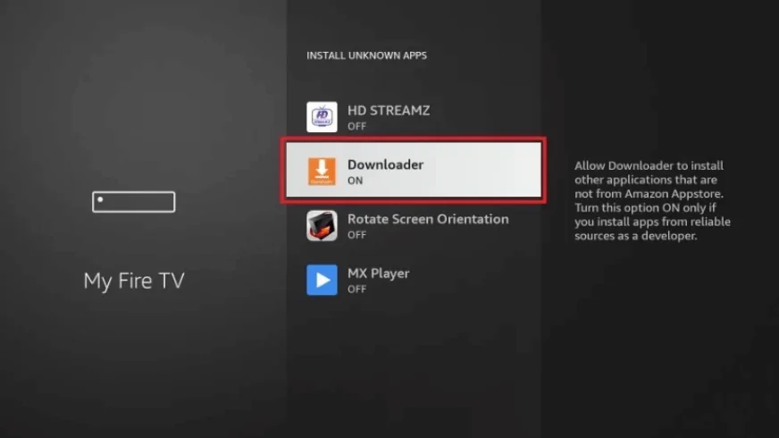 Firestick アプリの MyFire TV 設定のスクリーンショットとダウンローダー タブが強調表示されています。