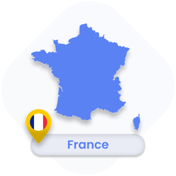 A blue map of France with a yellow pin showing the French flag and 'France' label.