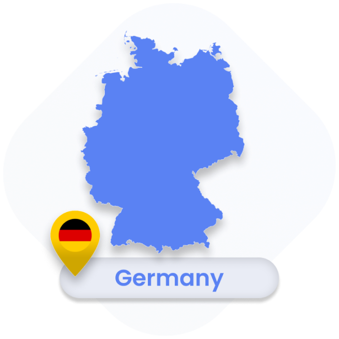 Blue map of Germany with a pin showing the German flag and the word 'Germany' written below.