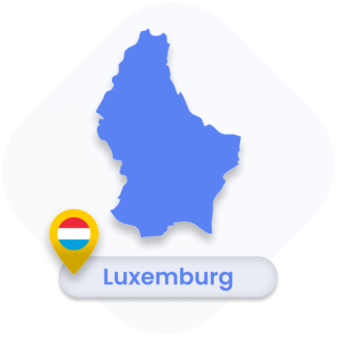 A blue shape of Luxembourg with a yellow pin showing the Luxembourg flag and the word 'Luxembourg' in blue.