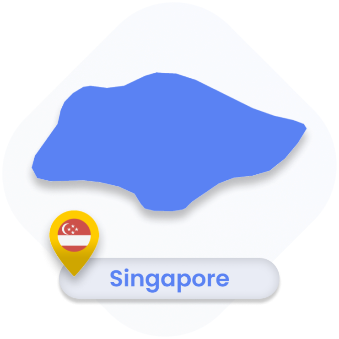 A blue silhouette of Singapore with a yellow pin displaying the Singapore flag and the word 'Singapore.'