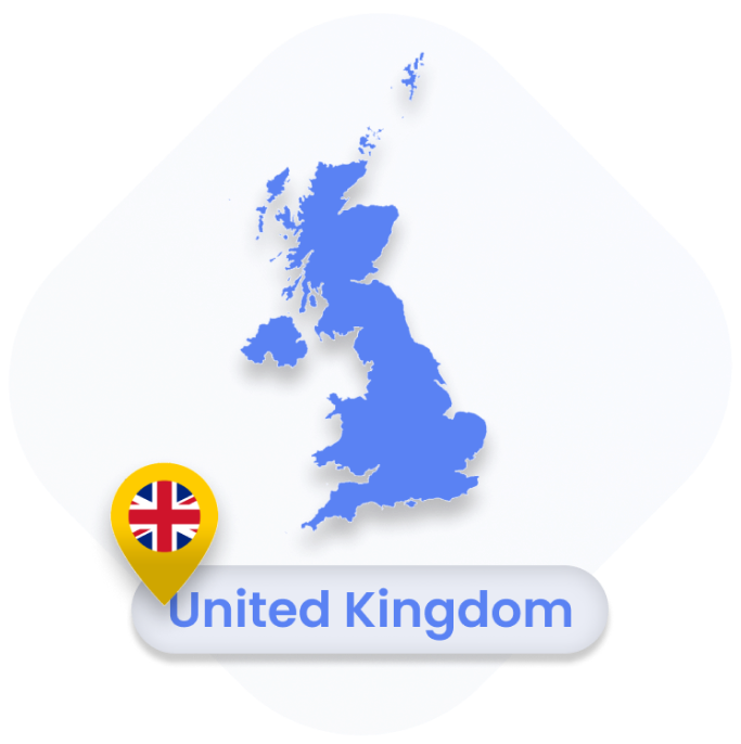 A blue map of the United Kingdom with a location pin that has the Union Jack flag and 'United Kingdom' written underneath.